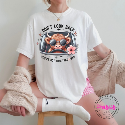 White tee with a highland cow in sunglasses and Don't Look Back print