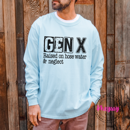 Chambray long sleeve tee with distressed Gen X Raised on Hose Water and Neglect print
