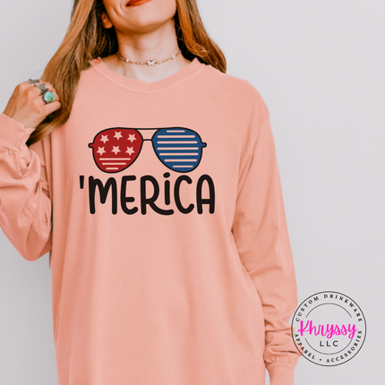 Close up of the sunglasses art on a Peachy long sleeve tee.