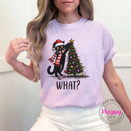 Orchid Comfort Colors tee with the What Cat Christmas tree design.