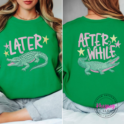 Irish Green crewneck sweatshirt with a retro pastel Later alligator print