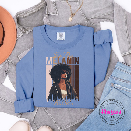 Washed Denim long sleeve tee featuring an elegant Black woman illustration with gold script lettering