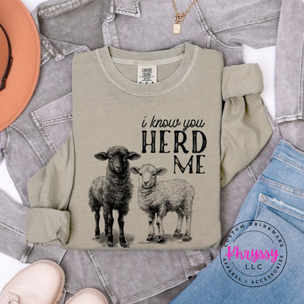 Khaki long sleeve tee with two sheep and the words i know you herd me