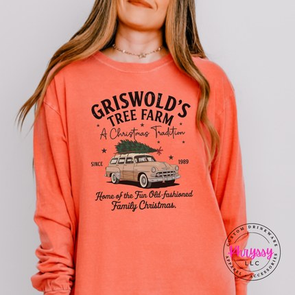 Old-Fashioned Family Christmas long sleeve tee in Bright Salmon with a vintage station wagon.