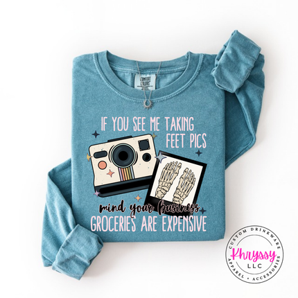 Ice Blue long sleeve tee with a vintage Polaroid and groceries are expensive joke