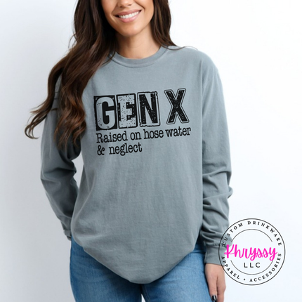 Grey long sleeve tee with distressed Gen X Raised on Hose Water and Neglect print