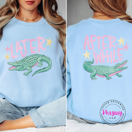 Light Blue crewneck sweatshirt with a retro pastel Later alligator print