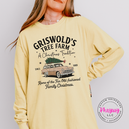 Old-Fashioned Family Christmas long sleeve tee in Butter with a vintage station wagon.