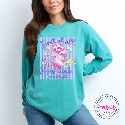 Seafoam long sleeve tee with a pink raccoon, gold stars and a funny faith quote