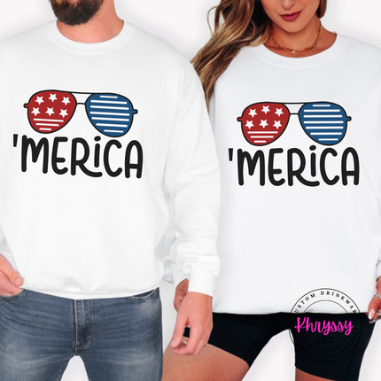 Flat lay of the 'Merica Sunglasses long sleeve tee in White.