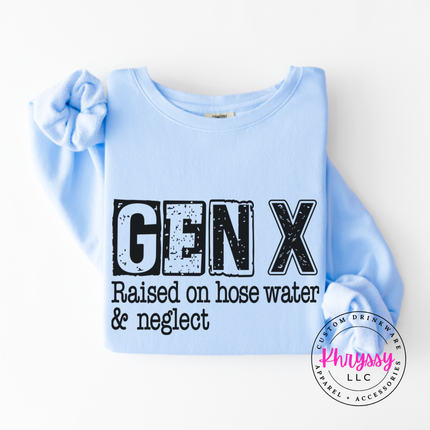 Hydrangea long sleeve tee with distressed Gen X Raised on Hose Water and Neglect print