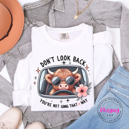 White long sleeve tee with a highland cow in sunglasses and Don't Look Back print