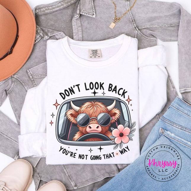 White long sleeve tee with a highland cow in sunglasses and Don't Look Back print