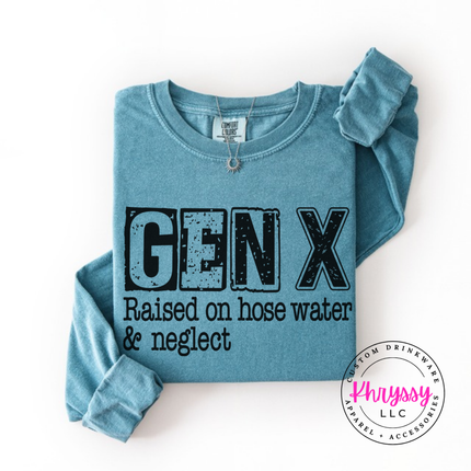 Ice Blue long sleeve tee with distressed Gen X Raised on Hose Water and Neglect print