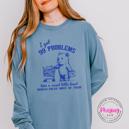 Close up of the treat bear art on a Blue Jean long sleeve tee.