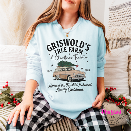 Old-Fashioned Family Christmas long sleeve tee in Chambray with a vintage station wagon.