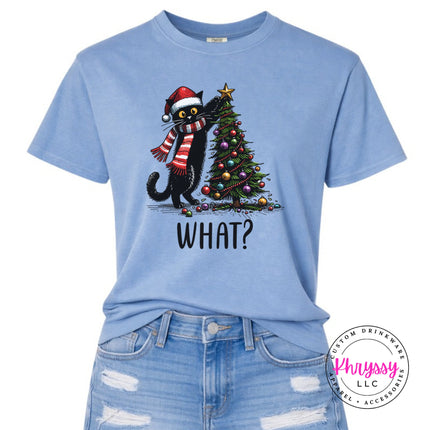 Washed Denim Comfort Colors tee with the What Cat Christmas tree design.