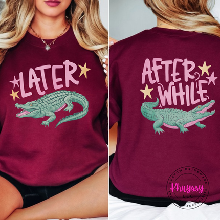 Maroon crewneck sweatshirt with a retro pastel Later alligator print