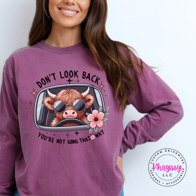 Berry long sleeve tee with a highland cow in sunglasses and Don't Look Back print