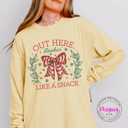 Butter long sleeve tee with the Lookin Like A Snack candy cane bow.