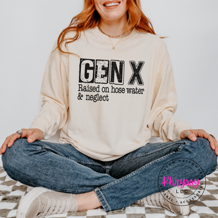 Ivory long sleeve tee with distressed Gen X Raised on Hose Water and Neglect print