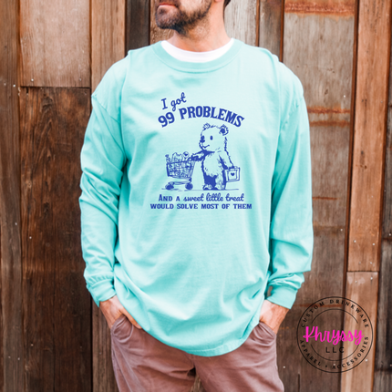 Close up of the treat bear art on a Chalky Mint long sleeve tee.