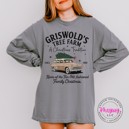 Old-Fashioned Family Christmas long sleeve tee in Granite with a vintage station wagon.