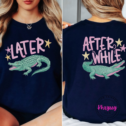 Navy crewneck sweatshirt with a retro pastel Later alligator print