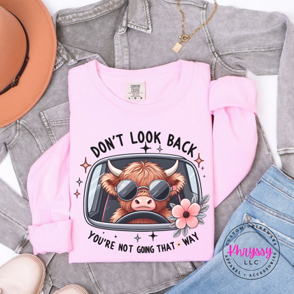 Blossom long sleeve tee with a highland cow in sunglasses and Don't Look Back print