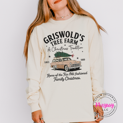Old-Fashioned Family Christmas long sleeve tee in Ivory with a vintage station wagon.