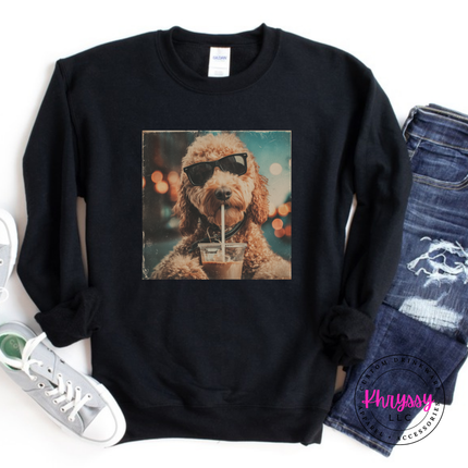 Black crewneck sweatshirt with a retro goldendoodle in sunglasses sipping iced coffee print.