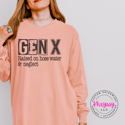 Peachy long sleeve tee with distressed Gen X Raised on Hose Water and Neglect print