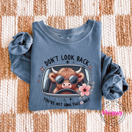 Blue Jean long sleeve tee with a highland cow in sunglasses and Don't Look Back print