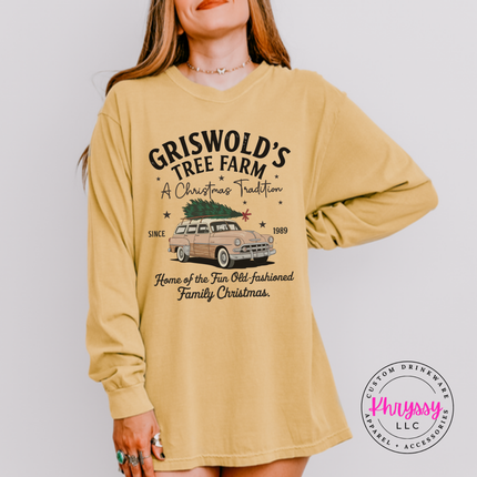 Old-Fashioned Family Christmas long sleeve tee in Mustard with a vintage station wagon.