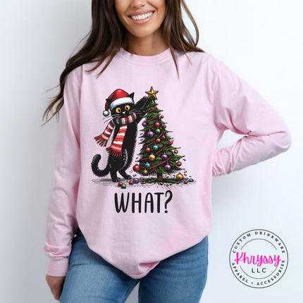 Blossom long sleeve tee with the What Cat Christmas tree design.