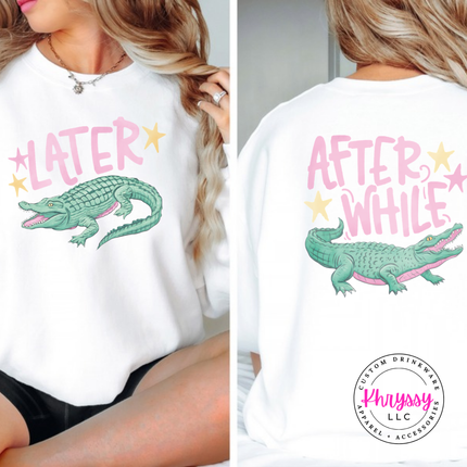 White crewneck sweatshirt with a retro pastel Later alligator print