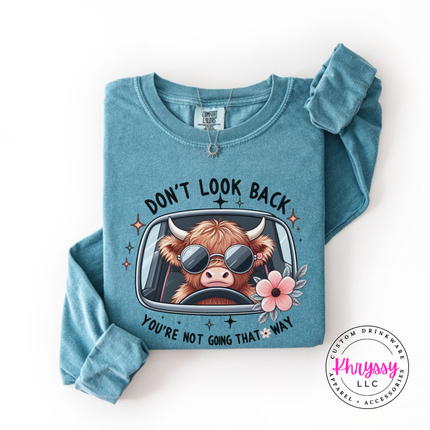 Ice Blue long sleeve tee with a highland cow in sunglasses and Don't Look Back print