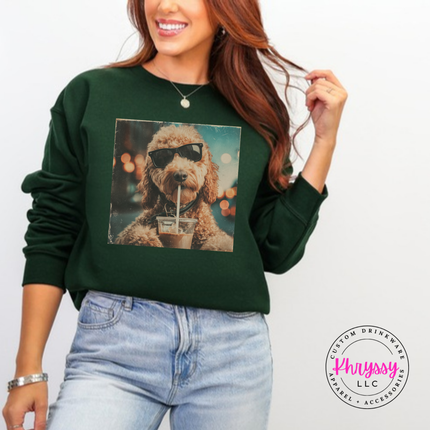Forest crewneck sweatshirt with a retro goldendoodle in sunglasses sipping iced coffee print.