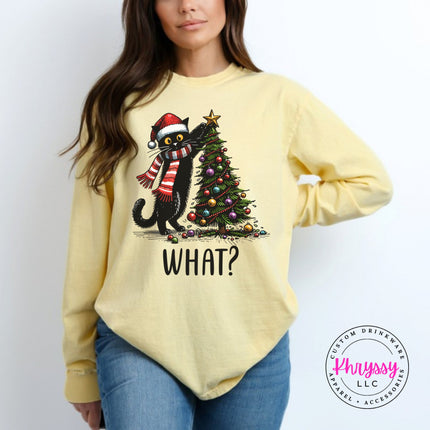 Butter long sleeve tee with the What Cat Christmas tree design.