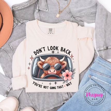 Ivory long sleeve tee with a highland cow in sunglasses and Don't Look Back print