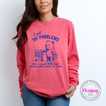 Watermelon long sleeve tee showing a cute one-color bear and cart sweet little treat design.