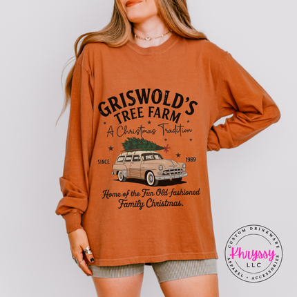 Old-Fashioned Family Christmas long sleeve tee in Yam with a vintage station wagon.