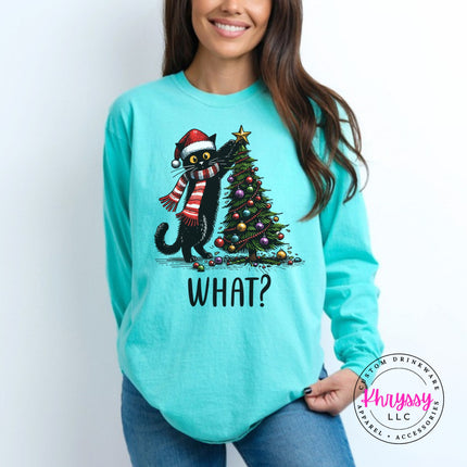 Chalky Mint long sleeve tee with the What Cat Christmas tree design.