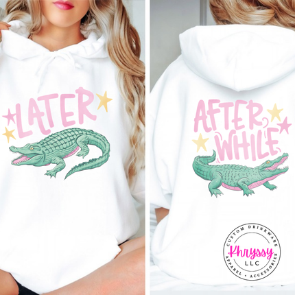 White hoodie with a retro pastel Later alligator print on the front