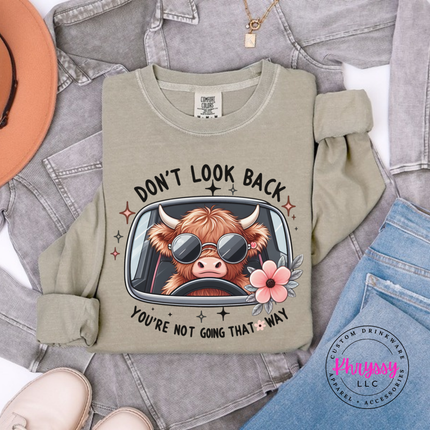 Khaki long sleeve tee with a highland cow in sunglasses and Don't Look Back print