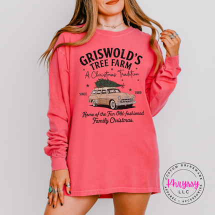 Old-Fashioned Family Christmas long sleeve tee in Watermelon with a vintage station wagon.