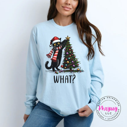 Chambray long sleeve tee with the What Cat Christmas tree design.