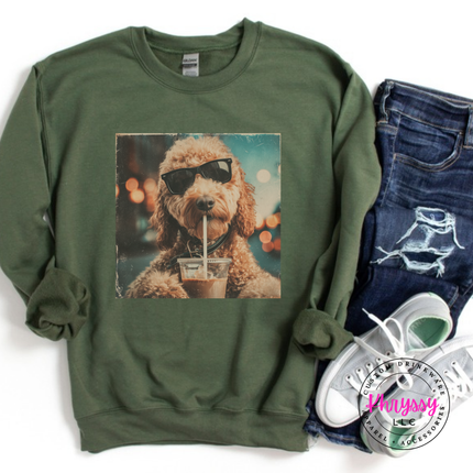 Military Green crewneck sweatshirt with a retro goldendoodle in sunglasses sipping iced coffee print.