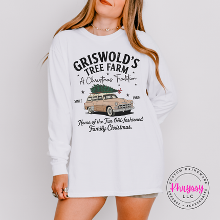 Old-Fashioned Family Christmas long sleeve tee in White with a vintage station wagon.