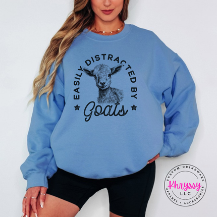 Carolina Blue crewneck sweatshirt with Easily Distracted by Goats print and sketched baby goat.